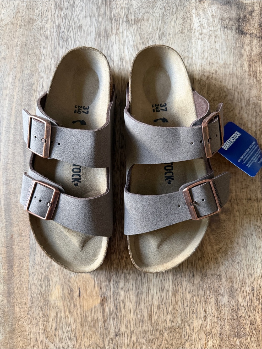 Birkenstock Two-Strap Sandals in Brown with Copper Buckles